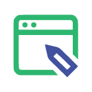green icon shape of a computer screen with a blue pencil writing on it to represent a blog